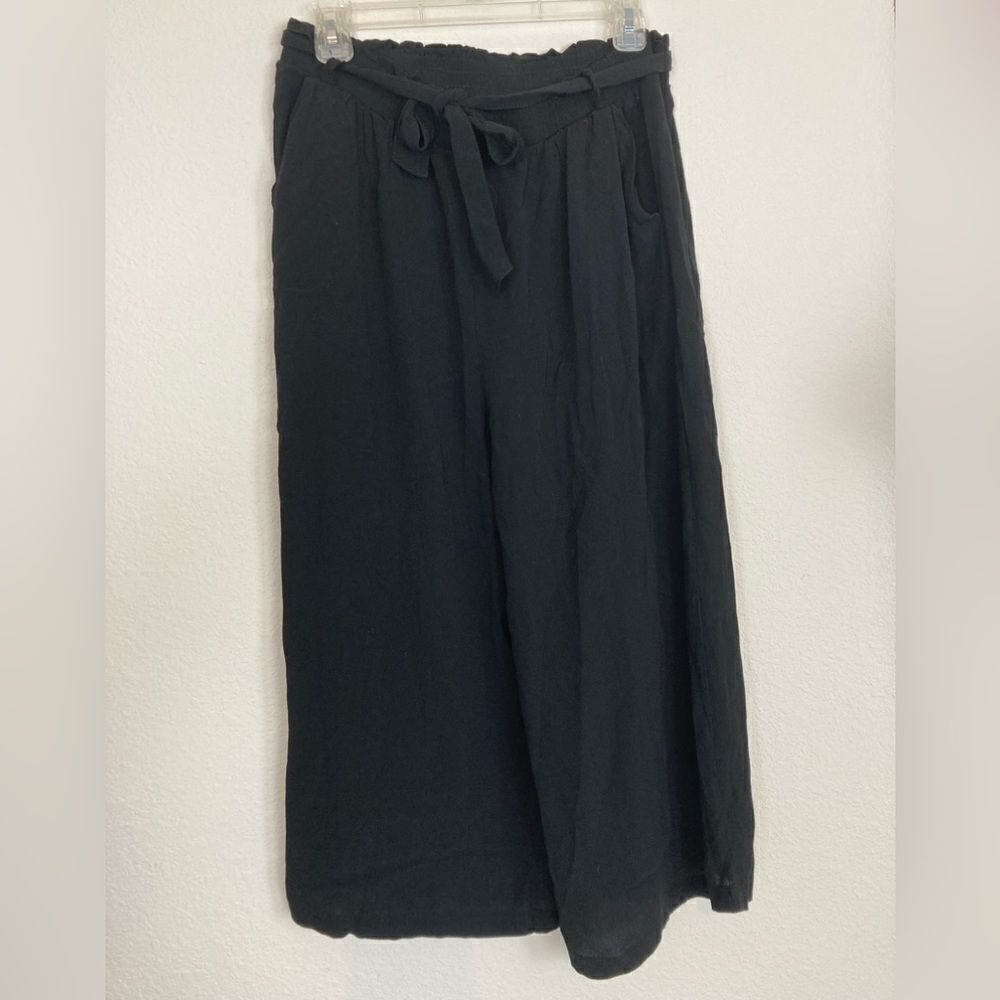 Know One Cares black paper bag tie waist full leg rayon viscose crops🌺